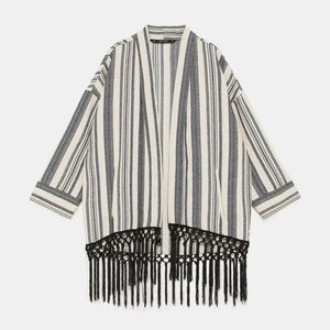 ZARA Ecru Black Stripe Rustic Fringe Tassel Trim Boho Open Front Kimono Size S